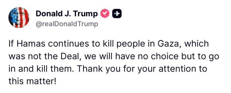 Trump Threatens to “Go In and Kill” Hamas Over Internal Gaza Purges